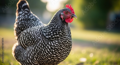 Close-up of a Barred Rock hen with black and white feathers and a red comb, standing in a sunny field.
