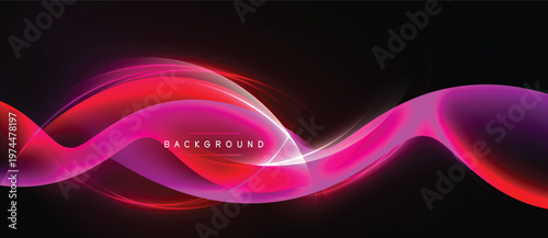 Abstract waves, vibrant pinks, reds, purples over black background. Dynamic light effects create modern design element.