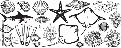 Collection of marine life and sea elements in black and white.