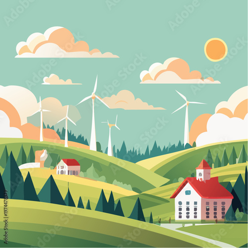 Campagne Verdoyante avec Moulins à Vent et Village Géométrique
