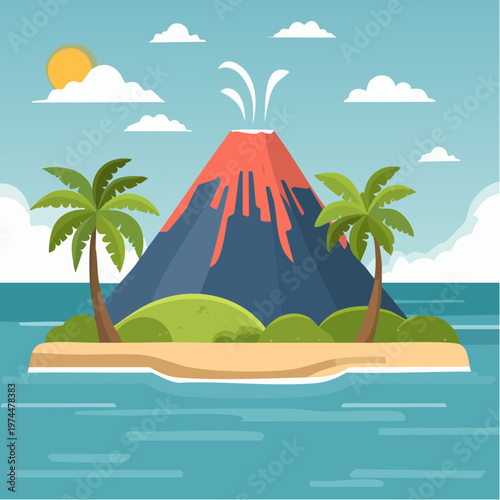 Île Volcanique Tropicale avec Palmiers et Volcan en Arrière-Plan
