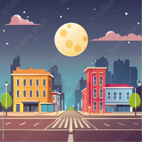 Rue de Ville Géométrique la Nuit avec Immeubles Illuminés et Lune
