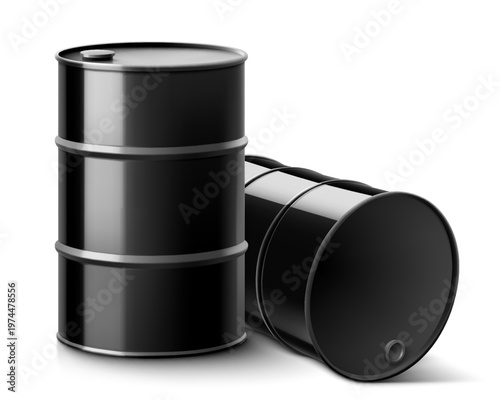 Black metal oil barrel isolated on white background. Realistic 3d vector Illustration. Crude Oil or petroleum Barrel. Design Template of Packaging for Mockup.