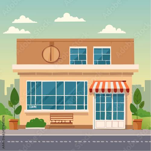 Façade de Petit Café Cozy avec Plantes et Enseigne Ouverte
