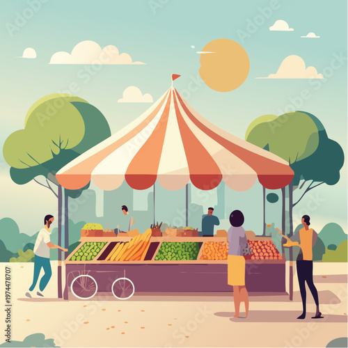 Marché en Plein Air avec Étals Colorés de Fruits et Légumes Géométriques
