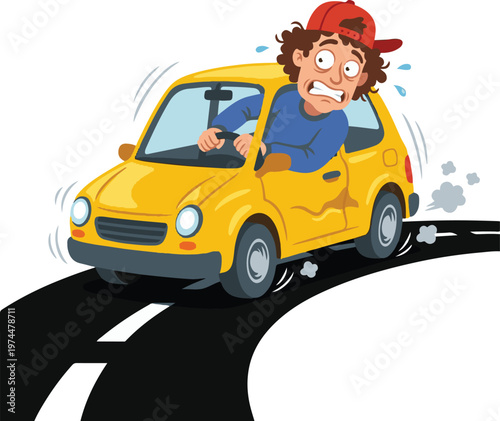 Cartoon-style vector illustration of a frightened driver speeding in a small yellow car on a curved road, showing exaggerated motion and panic for a humorous or cautionary concept.