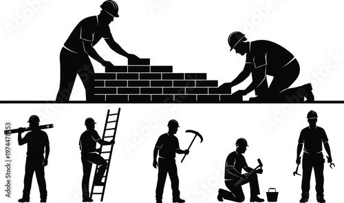 Construction Worker Silhouettes Set Featuring Professional Masons Building Brick Wall and Laborers with Tools Ladder and Pickaxe Isolated on White Background for Industrial Vector Design