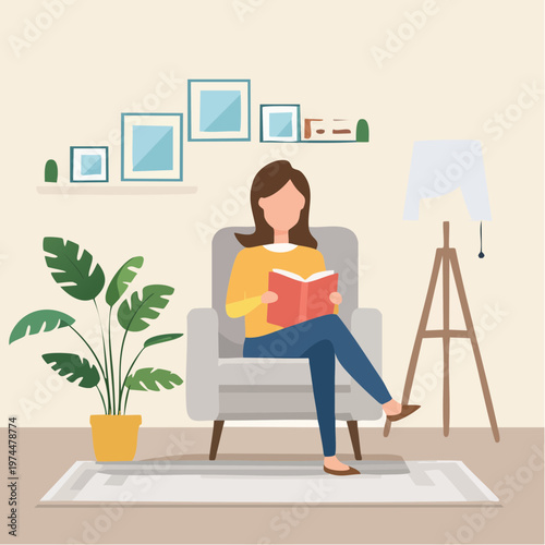 Personne qui Lit dans un Fauteuil Cozy avec Lampe et Plantes d'Intérieur
