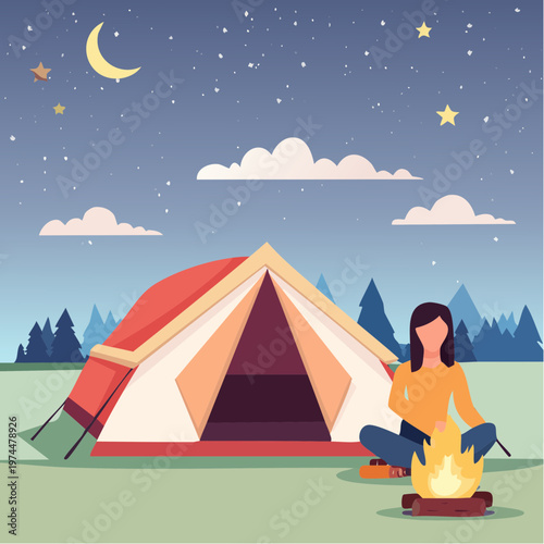 Campeur Solitaire avec Tente, Feu de Camp et Ciel Étoilé Géométrique
