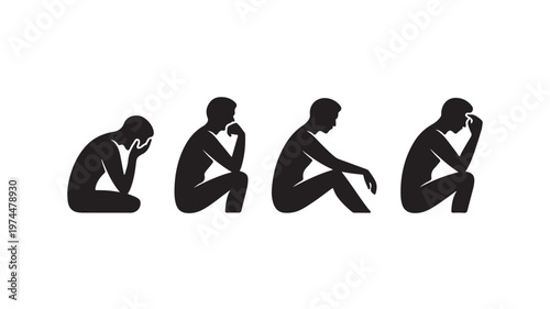 Silhouettes of four men sitting in contemplation on white background for mental health concepts