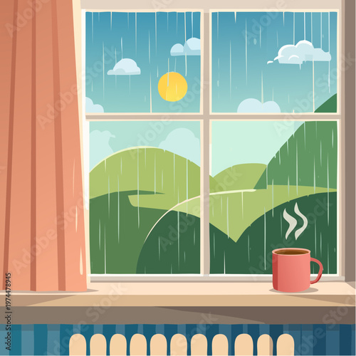 Rituel du Café du Matin avec Tasse près de la Fenêtre Sous la Pluie
