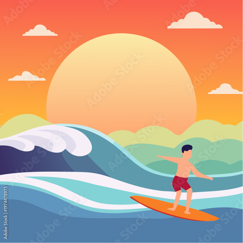 Surfeur sur une Vague Géométrique à l'Heure Dorée au Coucher du Soleil
