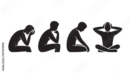 Four Silhouette Men Sitting in Different Stressful Positions on White Background For Mental Health Concepts