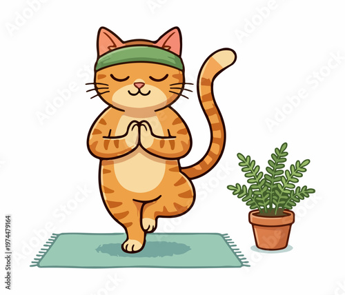 Cute ginger tabby cat doing yoga tree pose on a mat