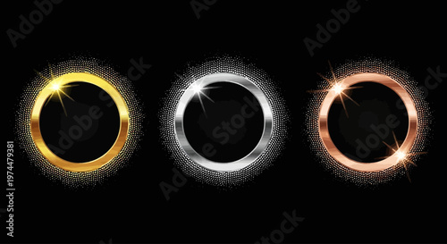 Three gleaming circular frames in gold, silver, and bronze with sparkling effects on a dark background, ideal for awards or celebratory designs