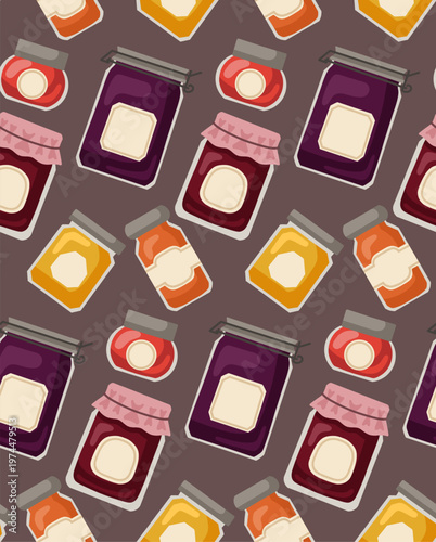 Vector seamless pattern with berry jams on dark background. Texture of flask with sweet drinks in flat cartoon style for wallpaper, textile and wrapper