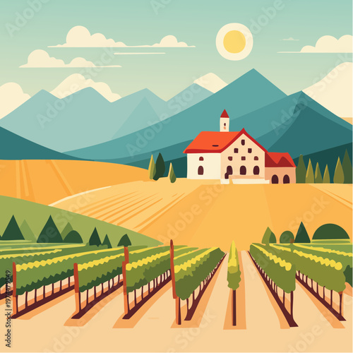 Vignoble Géométrique avec Rangées de Vignes et Ferme dans les Collines
