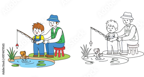 Father and Son Fishing Together Coloring Page Illustration for Kids, Man Teaching Boy to Fish at Pond, Family Hobby Outdoor Activity, Vector Line Art and Colored Version Set