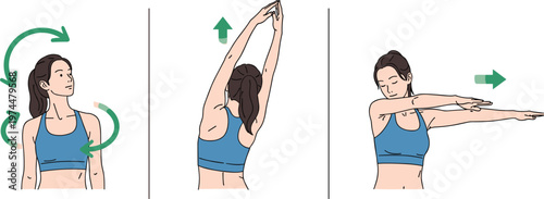 Shoulder and Arm Stretching Exercise Illustration Set Featuring Woman in Stretching Poses for Flexibility and Fitness