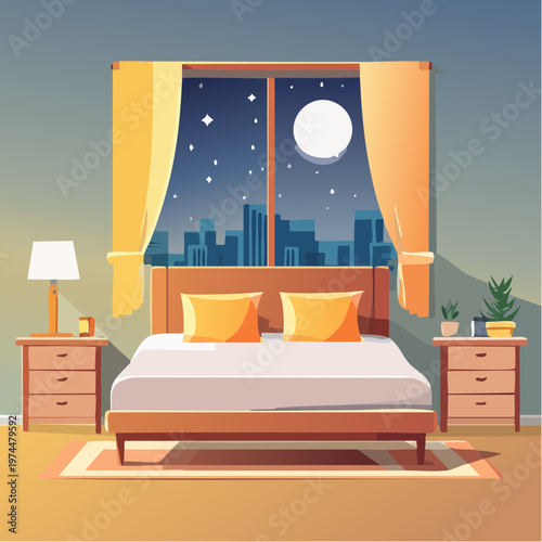 Chambre à Coucher Géométrique avec Fenêtre au Clair de Lune et Mobilier Minimaliste
