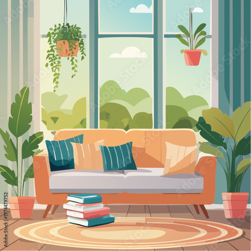 Coin Lecture Ensoleillé avec Siège en Fenêtre, Coussins et Plantes Suspendues
