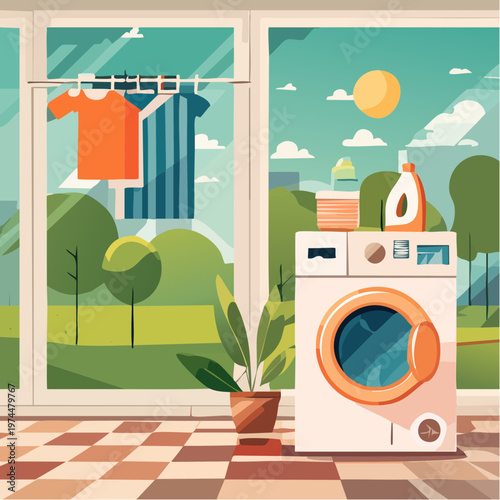 Buanderie Géométrique avec Machine à Laver et Linge qui Sèche près de la Fenêtre
