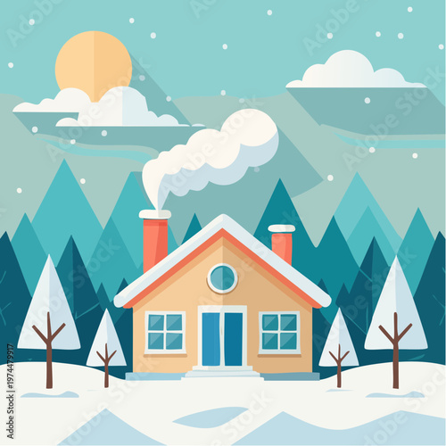 Matin d'Hiver Géométrique avec Maison Enneigée et Fumée de Cheminée
