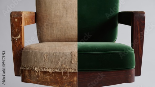 Close-up split-screen comparison of a vintage armchair restoration showing old torn beige fabric versus new emerald green velvet upholstery under studio light