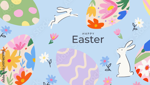 Happy Easter greeting card with cute bunnies and colorful decorated eggs and flowers illustration