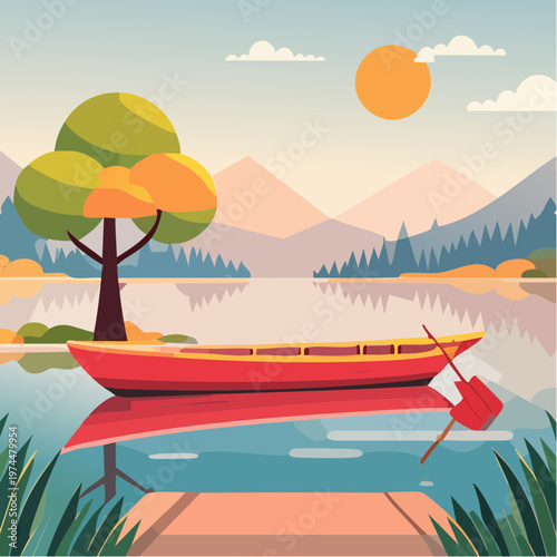 Brume Matinale sur un Lac avec Barque et Saule Pleureur Géométrique
