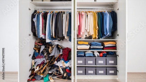Wide shot side by side comparison of a messy cluttered closet versus a neatly organized white wardrobe with color coordinated clothes and labeled storage boxes
