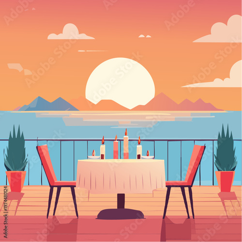 Terrasse de Restaurant au Coucher du Soleil avec Table Dressée et Bougies Géométriques
