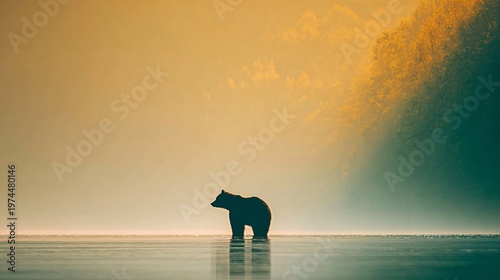Solitary brown bear silhouette stands in tranquil waters, bathed in golden light, with a misty forest backdrop, evoking a sense of wild serenity and natural beauty.