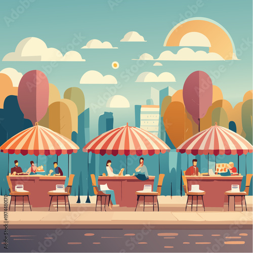 Marché Street Food Géométrique avec Étals et Parapluies Colorés
