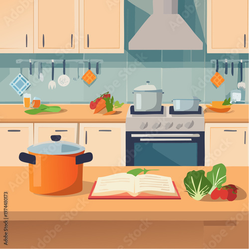 Cuisine Maison avec Ingrédients, Casserole Vapeur et Livre de Recettes Ouvert
