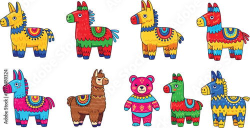 Colorful Piñata Cartoon Set with Llama, Donkey and Bear Characters, Festive Mexican Party Decorations Vector Illustration Collection for Celebrations, Kids Events and Birthday Designs