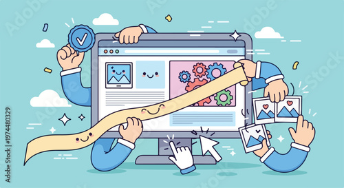 Creative digital marketing concept with hands interacting with a computer screen displaying analytics and growth charts
