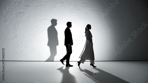 Silhouettes of a man and woman walking with long shadows, symbolizing partnership and progress.