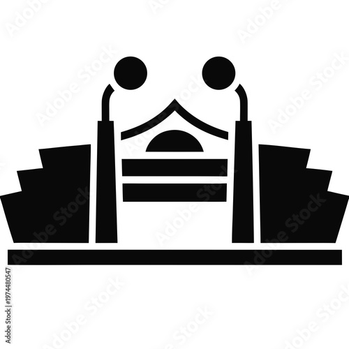 Black silhouette concert stage, music venue icon, festival performance backdrop, event setup illustration