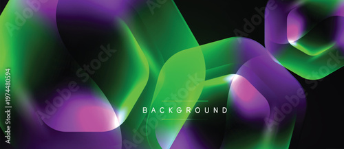 Abstract neon shapes blend, creating vibrant background. Green, purple, pink hues dominate dark space. Modern design element.