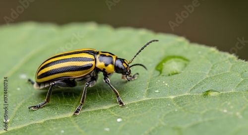 Striped Beetle on Green Leaf Closeup.