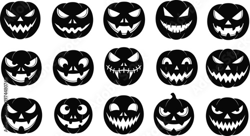 Halloween Pumpkin Face Silhouette Set with Scary and Funny Jack O Lantern Expressions, Spooky Black Icon Collection for Holiday Decorations and Horror Design Projects