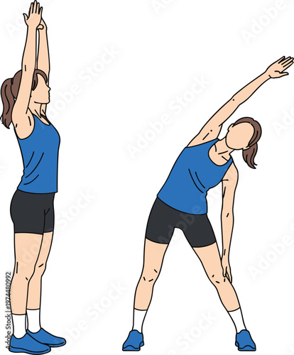Side Stretch Exercise Illustration Featuring Woman in Standing and Lateral Stretch Poses for Flexibility and Health