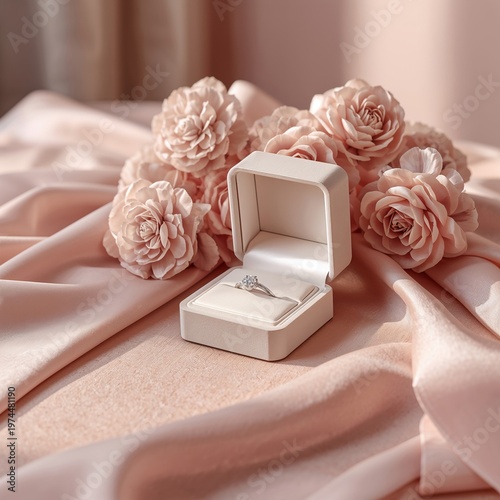 Diamond ring in a white box with soft pink roses