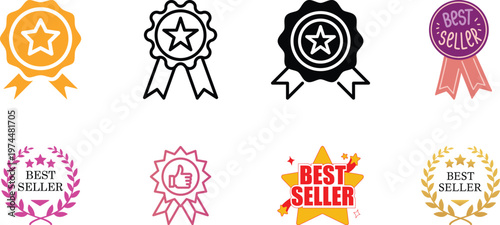Best seller icon set vector design premium badge label sticker emblem tag symbol shopping e-commerce marketing sale product award sign bestseller mark collection group isolated.