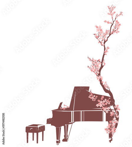 grand piano decorated with spring season sakura tree flower branch for outdoors classical music concert copy space vector design