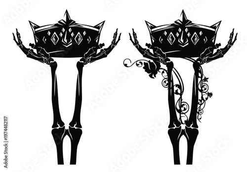 two human skeleton hands holding royal crown with rose flowers decor - memento mori black and white vector silhouette design set