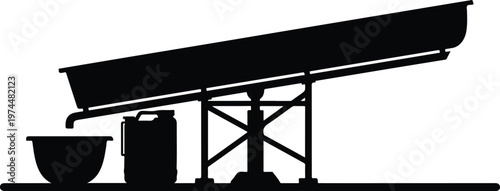 Black and White Silhouette of an Industrial Gravity-Fed Sluice and Liquid Collection System