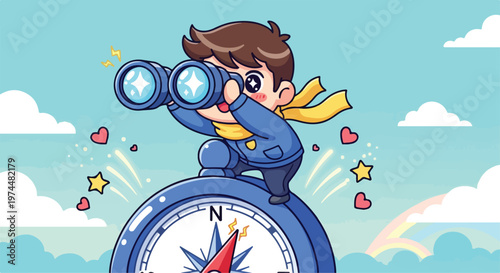 Cute cartoon boy with binoculars standing on a large compass looking towards the future with hope and excitement