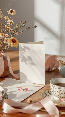 Blank card with flowers and tea cup arranged on wooden table